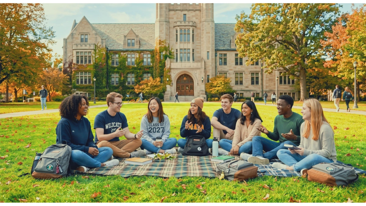 A group of eight diverse college students sits in a wide circle on a large plaid blanket spread across a vibrant green lawn. The students, a mix of men and women of various ethnic backgrounds, are engaged in a lively discussion, with several smiling and gesturing as they speak. They are dressed in casual student attire, including sweatshirts, t-shirts, and jeans; one student wears a grey sweatshirt labeled "Class of 2027" and another wears a navy blue shirt with "WILDCATS" across the chest.